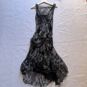 Vintage Max Studio Silk Floral Ruched Asymmetrical Hem Midi Dress Size S Y2K